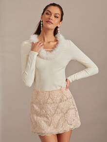 Enchnt 金属褶皱 A 字迷你裙，高腰，修身，百搭 - 淺粉色 - 查看 2