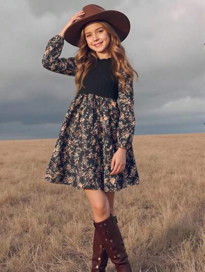 Emery Rose Kids Emery Rose Kids Tween Girl Young Girl LUNE Floral Print Lantern Sleeve Ruffle Hem Dress,French Floral,Fairy Dress,Pastoral Style,Autumn Winter,Tween Girl Dusty Floral Print Flounce Sleeve Ruffle Hem Dress,. Loose Casual Round Neck Long Sleeve Ruffle Hem Mid-Length Dress ,Cute Animal Prints,For Vacation & School Daily, Sisters Outfit,Mom And Daughter Matching.