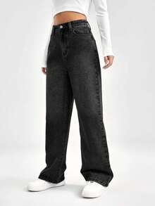 EURMUSE Women's Casual Straight Leg Jeans With Pockets, Street Style - Black - View 4