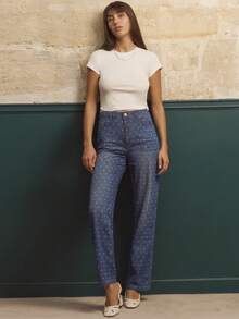 lacRébo Blue High Waisted Straight Leg Jeans With White Polka Dot Print Autumn Winter Polkadot Jeans