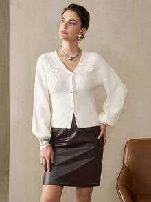 EMERY ROSE 女式纯色 V 领前扣针织开衫 - 白色 - 查看 6