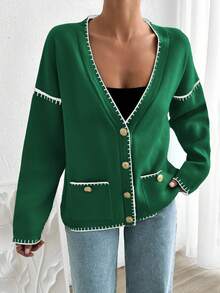 EURMUSE Women Solid Color Deep V-Neck Handmade Stitch Detailed Cardigan - Green - View 6
