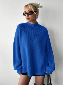EURMUSE Women Solid Color Stand Collar Front Short Back Long Casual Long Sleeve Knit Sweater - Dusty Blue - View 6