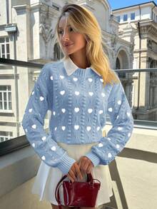 SHEIN Cottnline Women Hearth Embroidery Textured Knit Round Neck Pullover - Baby Blue - View 7