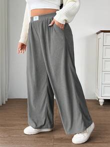 SHEIN EZwear Quần ống rộng cạp cao dáng rộng cỡ lớn dành cho nữ, vải nhung kẻ có túi và thiết kế miếng vá, phù hợp mặc ở trường học, mặc hàng ngày, làm việc trong nhà, màu xám nhạt, mùa thu/đông - Màu Xám nhạt - Xem 4