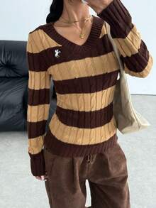 SHEIN Áo len dệt kim cổ chữ V kẻ sọc phong cách đại học màu tương phản vừa vặn thoải mái cho bé gái tuổi teen - màu nâu - Xem 4
