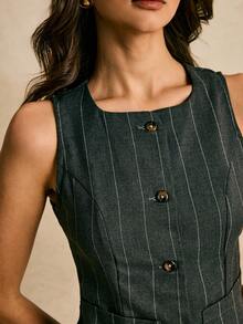 Poéselle 女士优雅条纹背心长裙套装，女士长款连衣裙，两件套半身裙套装，背心和半身裙套装 - 深灰色 - 查看 4