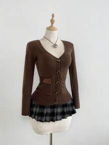 Elamini Cárdigan casual ajustado para mujer con bloques de color y decoración de lazo, de manga larga - Marrón - Ver 5