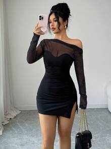 Rafferiza Black Elastic Ruched Waist Dress For Women - Black - View 4