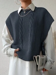 EURMUSE Women's Solid Color Cable Knit Sweater Vest - Dark Grey - View 3