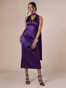 COSMINA Vestido elegante ajustado con cuello en V sin mangas y parches de encaje para mujer - Bold Plum - Ver 4