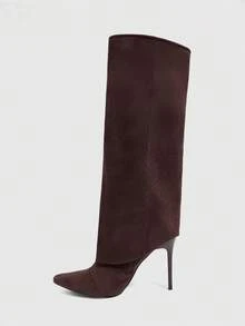 CUCCOO SZL Sepatu Bot Setinggi Lutut Stiletto Ujung Lancip Berbahan Suede dengan Dekorasi Logam untuk Wanita, Cocok untuk Natal. - Coffee Brown - View 5