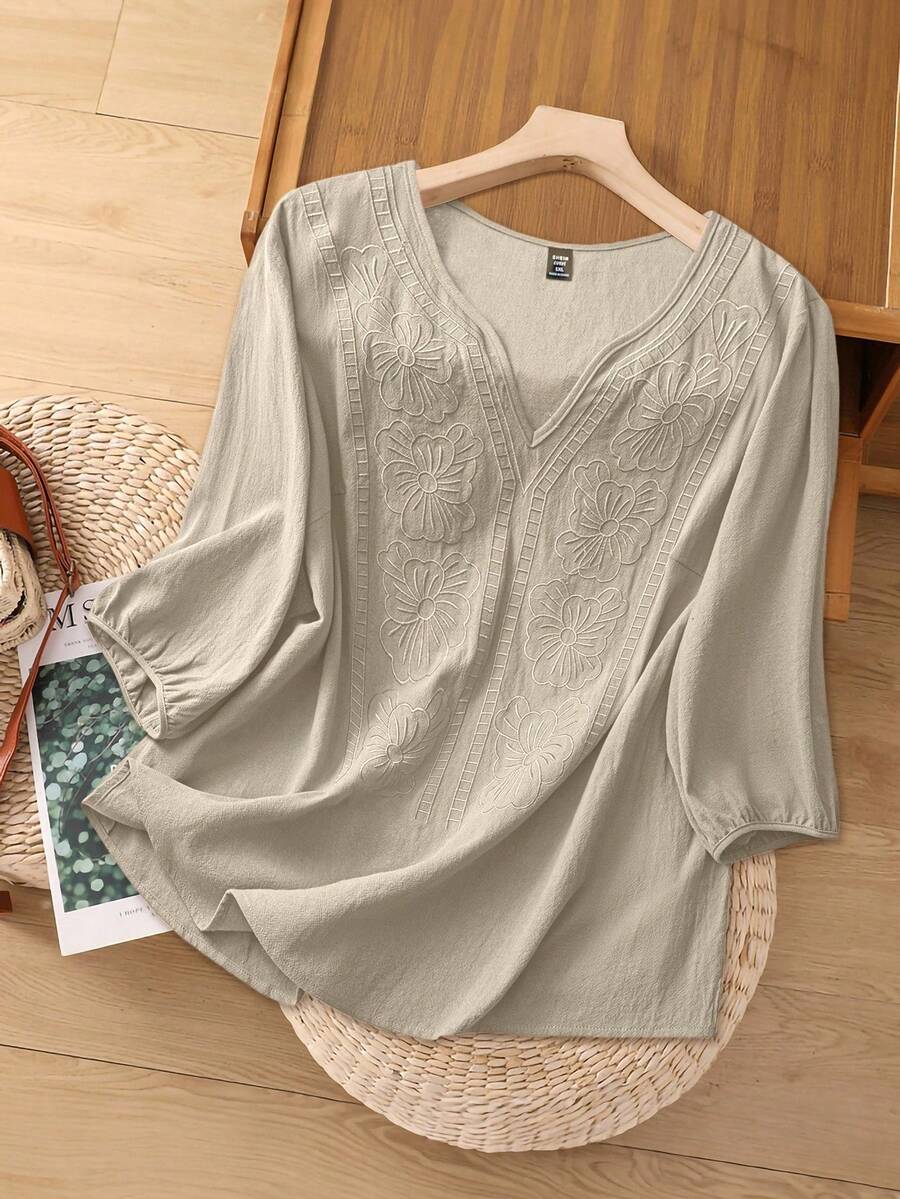 Linhara Women's V-Neck Embroidered 3/4 Sleeve Linen Blouse, Loose Fit Summer Top - Apricot - View 1