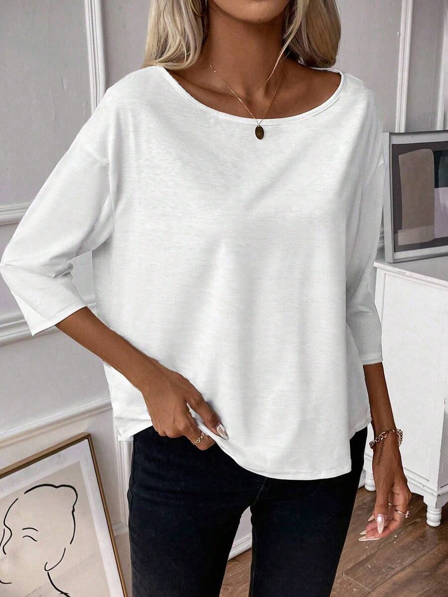 EMERY ROSE 女士春夏季休閒服裝,超大圓領垂肩袖t恤 - 白色 - 查看 1