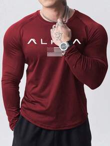 Gym Rark 男士字母和美国国旗印花圆领插肩长袖运动T恤 男士运动长袖T恤 - 紅色 - 查看 3