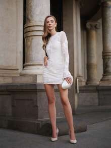 ORNATELLA Women Dresses Kontras Lace Ruffle Zip Bunga Plain Anggun Seksi - Putih - View 3