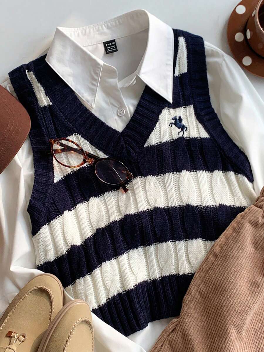 Comfortcana Plus Size Striped Contrast Color Twist Knit Embroidered Sleeveless Cropped Tank Top - Blue - View 1