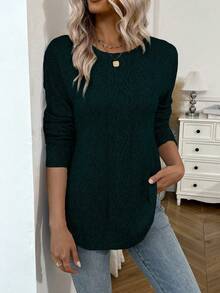 EMERY ROSE Women's Elegant Solid Color Arched Hem Round Neck Long Sleeve Sweater, Autumn/Winter - Green - View 5