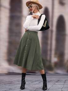 SHEIN LUNE 女式休闲A字纽扣装饰裙，秋季 - 軍綠色 - 查看 3
