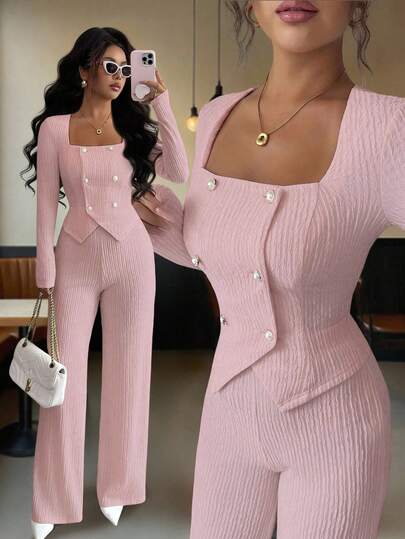 Elenzga Fashionable Women's Solid Color Textured 2 Pieces Set, Including Long Sleeve Notch Collar Double-Breasted Fitted Blazer And High-Waisted Loose Straight Leg Pants, Elegant Commuter Style, Suitable For Dates, Commuting, Autumn/Winter