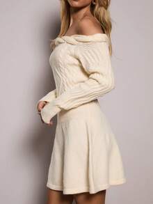 SHEIN BAE Women's Elegant Off Shoulder Cream White Sweater Dress,Autumn Winter Fashionable Long Sleeve Short Dress For Dining,Party,Halloween & Christmas - Apricot - View 8