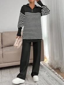 EURMUSE Women Stripe Pattern Zip Detailed Neck Drop Shoulder Pullover & Sweater Pants Set - Black - View 5