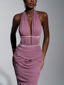 Elitara Elegant Luxury Knit Cold-Shoulder Ruched Pearl Embellished Wavy Hem Formal Dress For Galas,Parties,Exhibitions,Business Events&Other Occasions - Dusty Pink - View 7