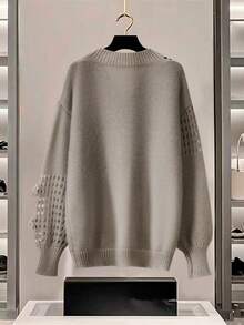 Franclia Women's Solid Color Minimalist Handmade Crochet V-Neck Pullover Sweater, Casual Daily Wear - Mocha Brown - View 2