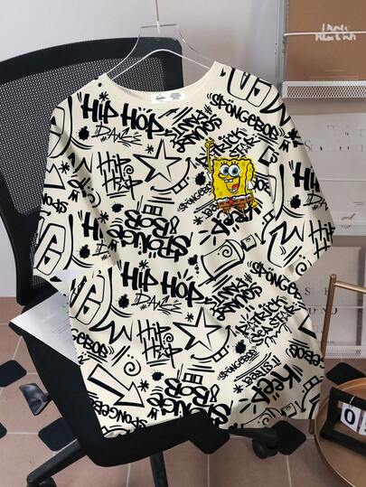 SpongeBob SquarePants | SHEIN Tween Boy Letter & Cartoon Graphic Round Neck Short Sleeve T-Shirt