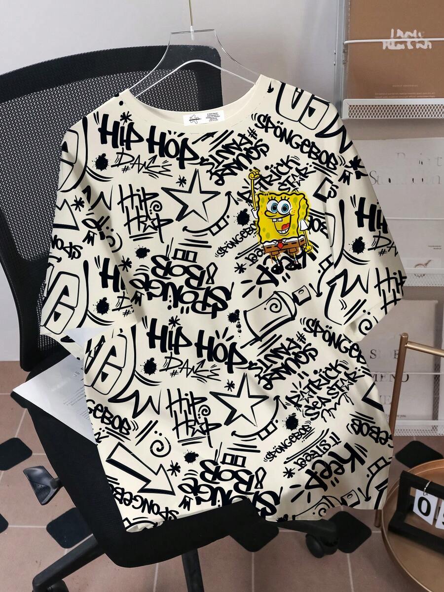 SpongeBob SquarePants | SHEIN Tween Boy Letter & Cartoon Graphic Round Neck Short Sleeve T-Shirt