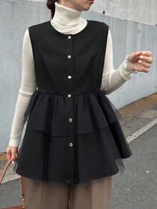 FRIFUL Women's Solid Color Round Neck Sleeveless Front Button Ruffle Hem Casual Jacket - Black - View 7