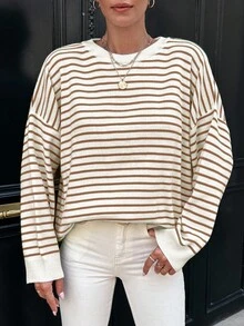 RueChic Women'S Striped Drop Shoulder Sweater - Brown - View 4