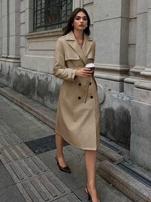 SHEIN Unity 女式纯色翻领长袖双排扣长款 PU 皮革风衣 - 卡其色 - 查看 5