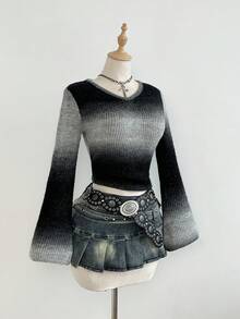 Elamini Women's Fitted V-Neck Ombre Long Sleeve Sweater, Versatile - Multicolor - View 1