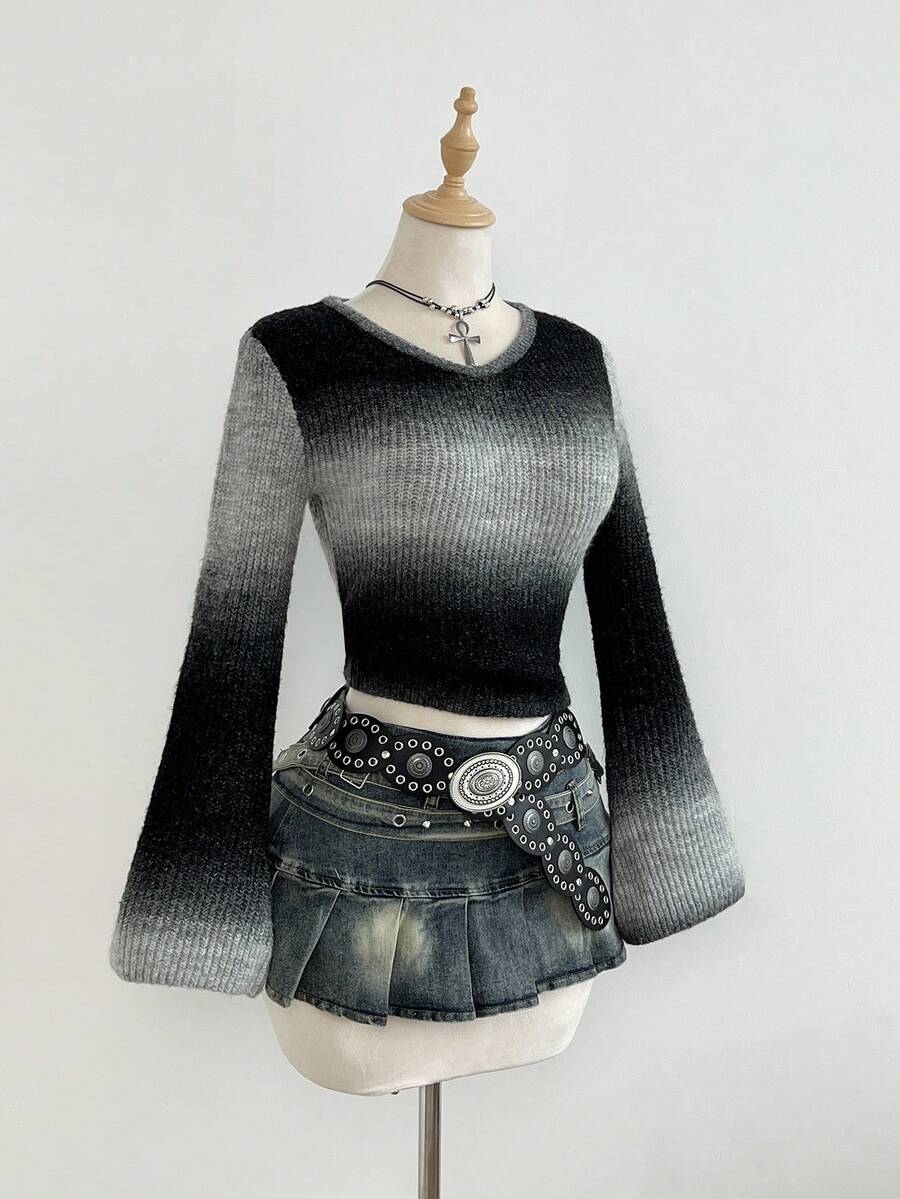 Elamini Women's Fitted V-Neck Ombre Long Sleeve Sweater, Versatile - Multicolor - View 1