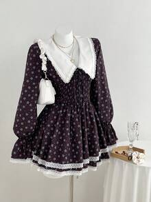 Elamini 女式优雅休闲通勤百搭腰部收紧双层下摆蕾丝花边棕色碎花长袖短款连衣裙 - 彩色 - 查看 5