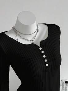 Elamini 女式纽扣设计V领长袖修身休闲罗纹毛衣 - 黑色 - 查看 4