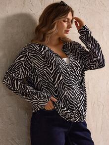 SHEIN LUNE Áo khoác thường ngày dệt kim lông họa tiết ngựa vằn cỡ lớn dành cho nữ, Thu/Đông - Đen và trắng - Xem 4