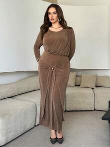 Modelyn 大码女式优雅秋冬针织褶饰修身长款休闲连衣裙 - 駝色 - 查看 5