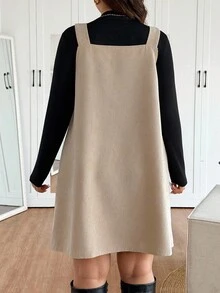 Lounesse 女式加大码纯色立领长袖 T 恤和围兜连衣裙休闲两件套