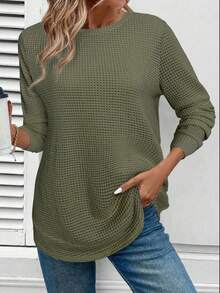 SHEIN LUNE 女式休闲运动衫，不对称下摆，纹理提花条纹面料 - 橄欖綠 - 查看 7