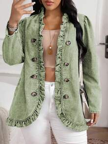 EMERY ROSE Plus Size Vintage Ruched Button Decor Long Sleeve Denim Jacket - Green - View 7