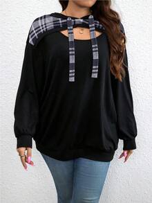 SHEIN LUNE Sudadera con capucha de mujer talla grande con estampado de cuadros y cordón, adecuada para ceremonias de graduación, regreso a clases, uniformes de maestras, para otoño e invierno - Negro - Ver 5