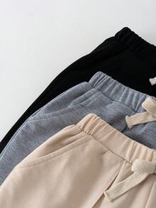 THE HAPPY LOOK 3pcs Young Boy Elastic Waist Pants Set With Decorative Ribbon, Versatile & Comfortable - Grey - View 4