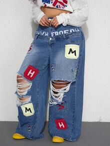 ROMWE Street Life Y2K 休闲街头风格口袋刺绣设计双腰带加大码宽松牛仔裤 - 藍色 - 查看 4