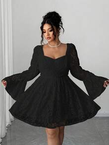 Elenzga Plus Size Women Lace Square Neck Long Sleeve Short Party/Date Dress - Black - View 4