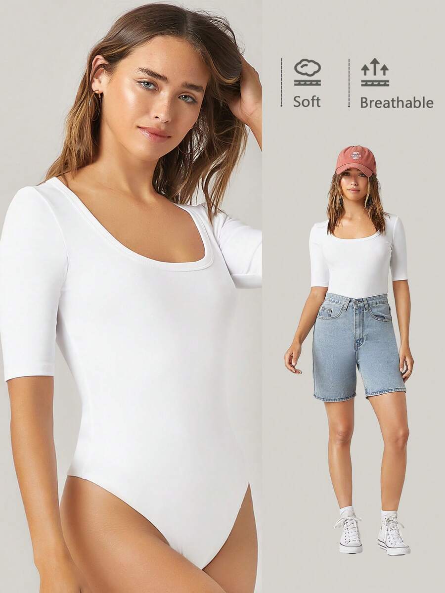 SHEIN BASICS Casual Scoop Neck Fitted Solid Bodysuit Summer Outfit For Women
