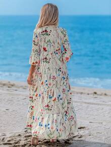 Sylviya Women's Watercolor Floral Print V-Neck Ruched Long Sleeve Dress, Suitable For Spring/Summer Fall Clothes Chic Dress - Multicolor - View 2