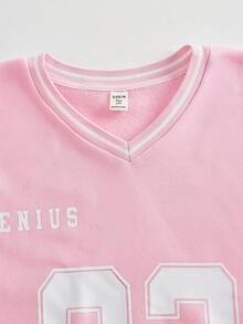 SHEIN 青少年女孩粉色羅紋領數字與英文印花寬鬆休閒秋季運動衫 - 粉色 - 查看 7