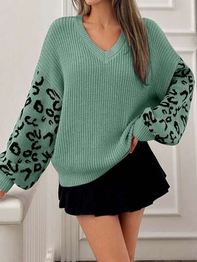 SHEIN Tall Tall Size Casual Rib Knit Leopard Pattern Crew Neck Women Sweater